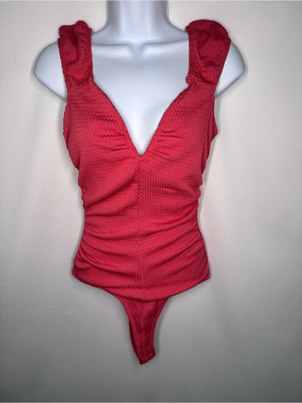 ❤️3/$30 francesca's Ninette Plunging Ruffle Bodysuit in Coral/Pink - Size M